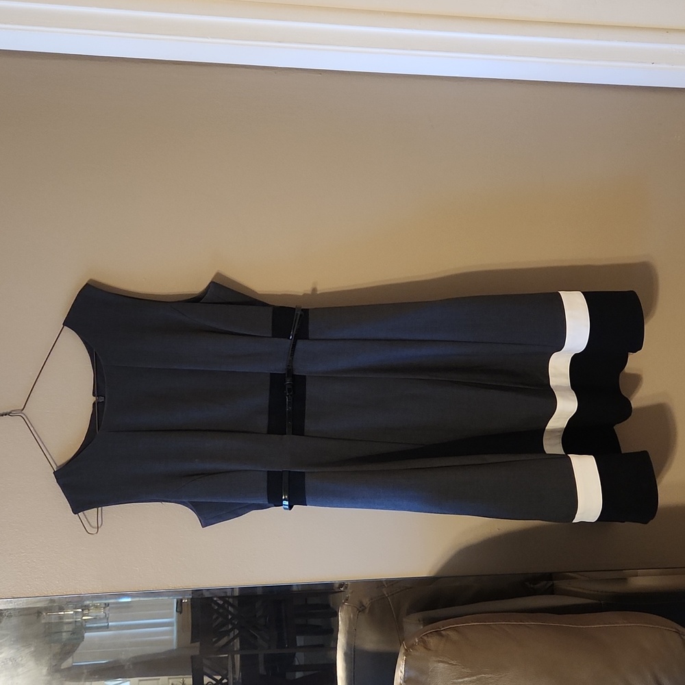 Calvin Klein Dress, Sleeveless, Dark Gray with White and Black and Belt,10